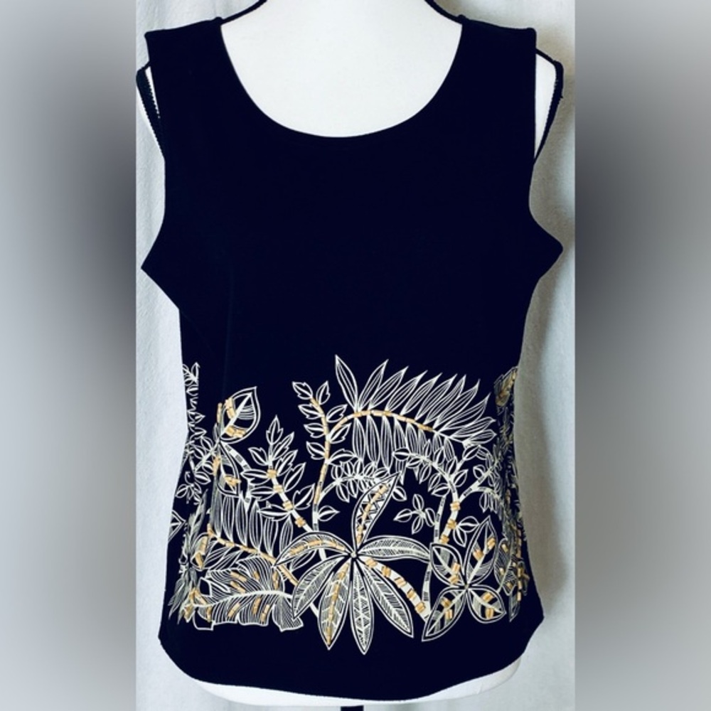 Chaus Tropical Black & Ivory Tank Medium Embroidered with Bamboo Beads